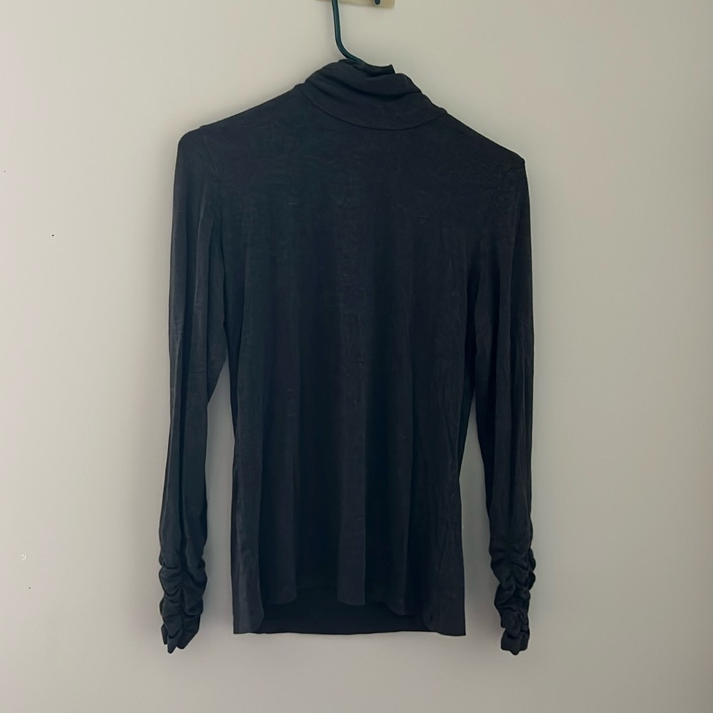 Grace Black Ruched Sleeve Turtleneck Top Size M Stretch Rayon Blend